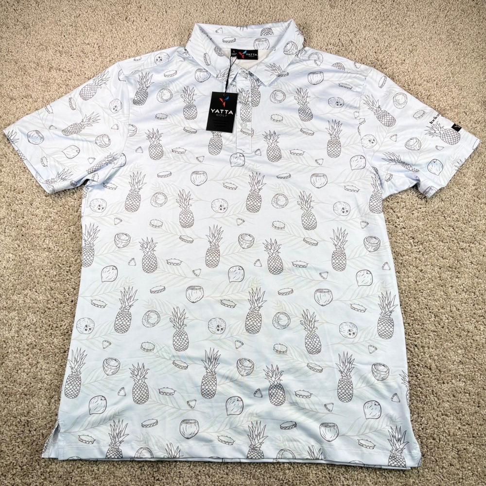 Yatta Golf Polo Shirt Mens L Tropical Pineapple Coconut Blue Short Sleeve NWT